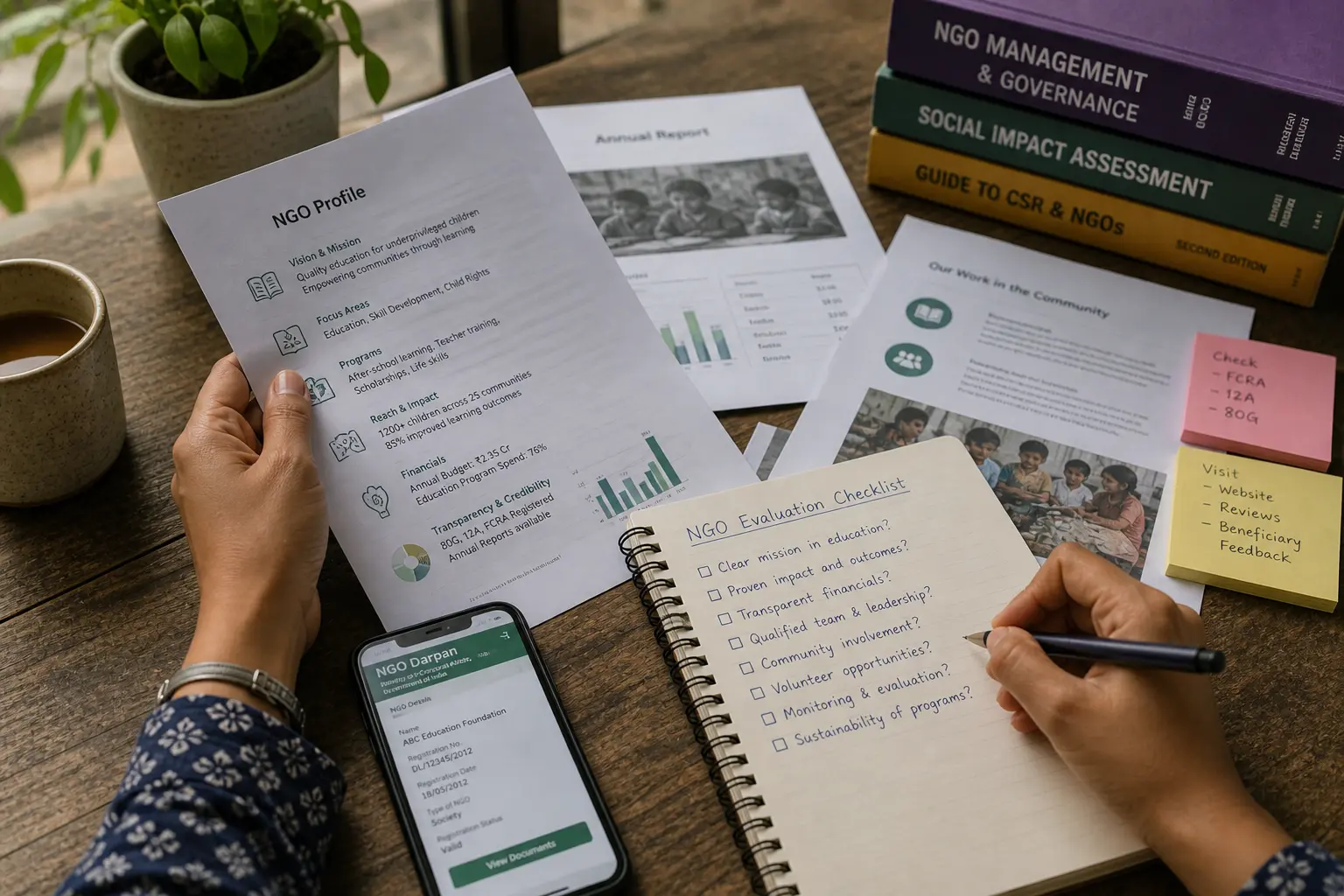 Hands reviewing documents and notes while researching an education NGO, representing decision-making and verification in India