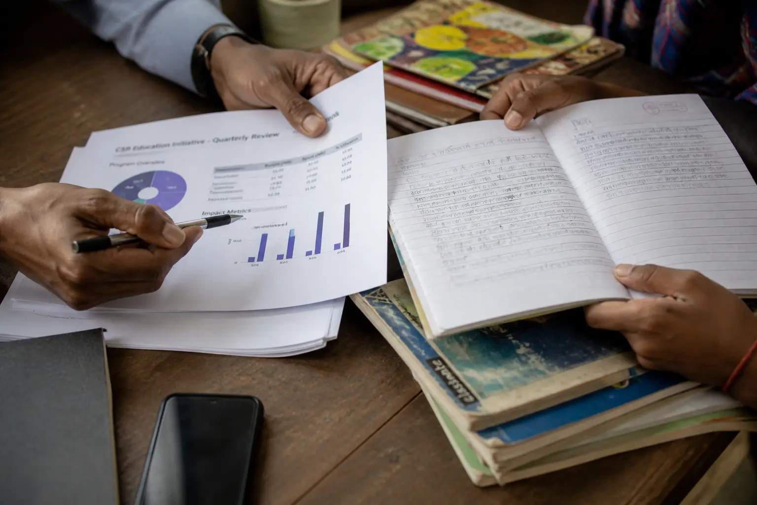 Hands reviewing CSR reports and student notebook, representing corporate education strategy and impact gap in India